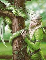 Эльфийка с дракончиком у дерева
