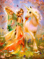 Фея с единорогом на цветочном лугу