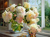 Без бренда «Ваза с букетом белых пионов у окна» в Ростове-на-Дону