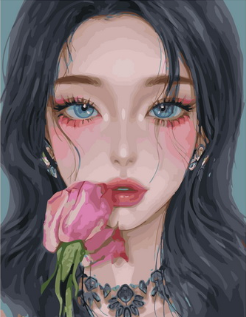 Картина по номерам 40x50 Голубоглазая брюнетка с розой