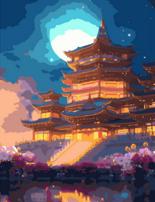 Картина по номерам 40x50 Японский храм под светом полной луны