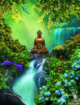 Статуя Будды среди цветов у водопада