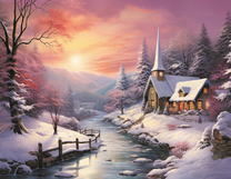 Костёл у реки в лучах заходящего солнца