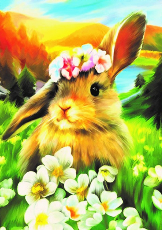 Алмазная мозаика 30x40 Милый кролик среди цветов
