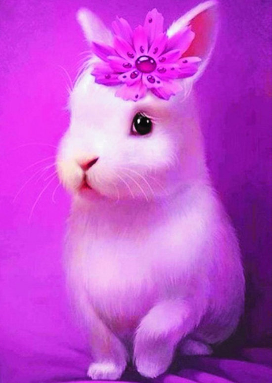 Алмазная мозаика 30x40 Милый белый кролик с фиолетовым цветочком
