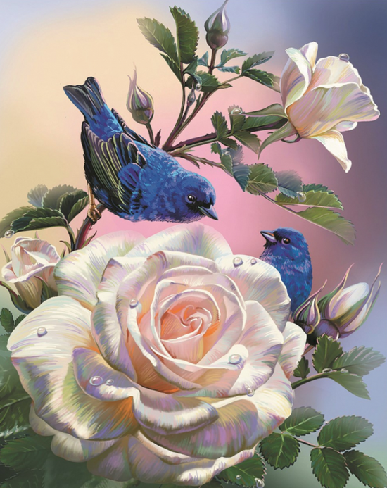 Мозаика 40x50 без подрамника Синие птички на большой белой розе