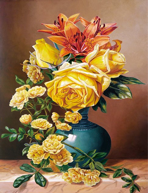 Алмазная мозаика 30x40 Ваза с желтыми розами и лилиями
